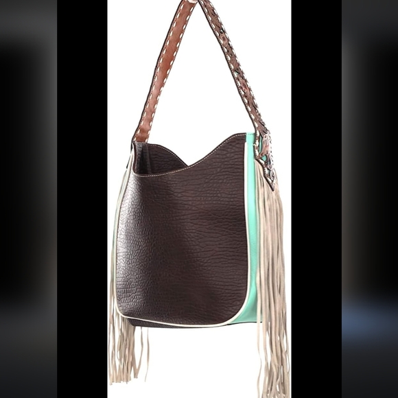 NWT Ariat Monroe brown Tiffany blue leather fringe shoulder bag purse - Picture 2 of 7
